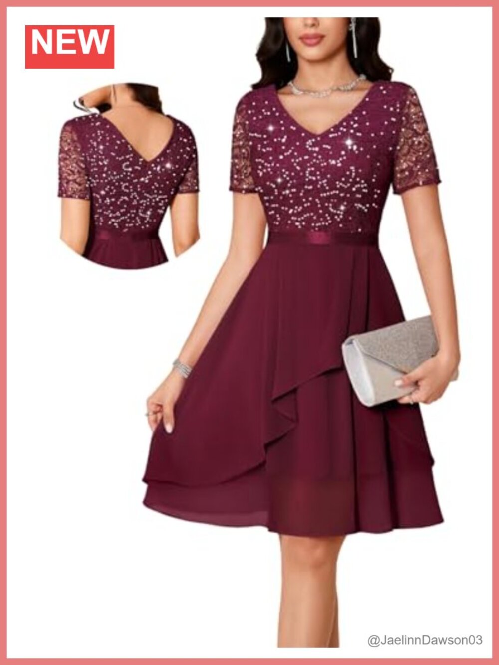 Women's Sparkly Lace Sequin Cocktail A-Line Dress Wedding Guest V Neck